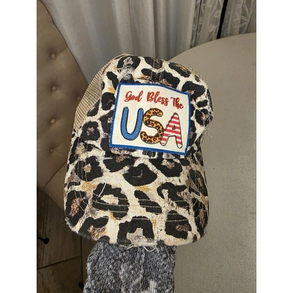 Leopard Print God Bless The USA Distressed Trucker Hat With Mesh‎ Back